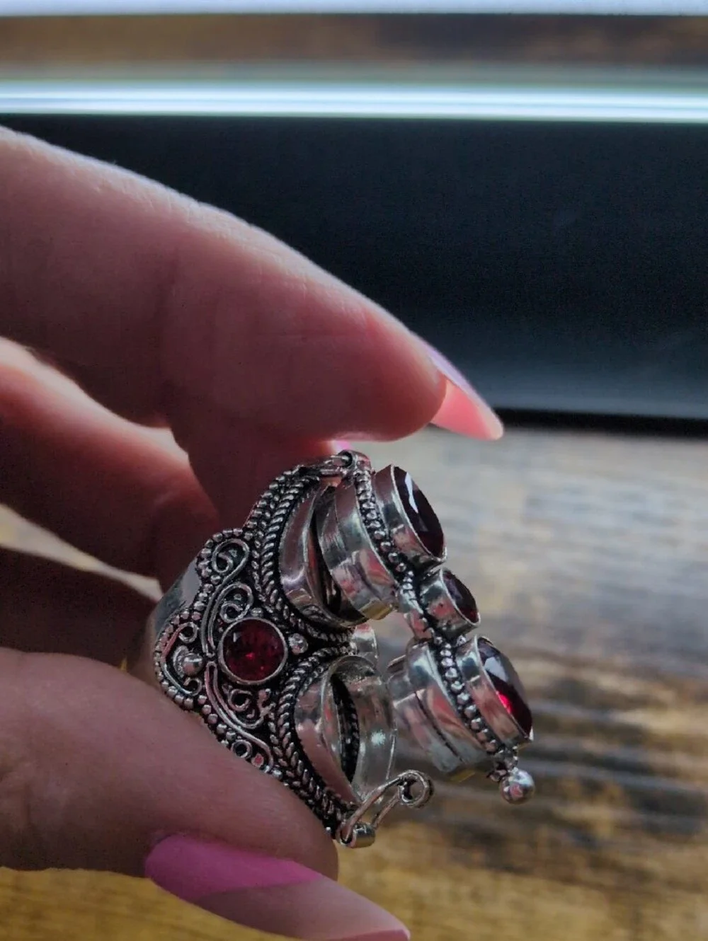 Vintage-Inspired Locket/Poison Ring with Red Garnet Stones+925 Silver